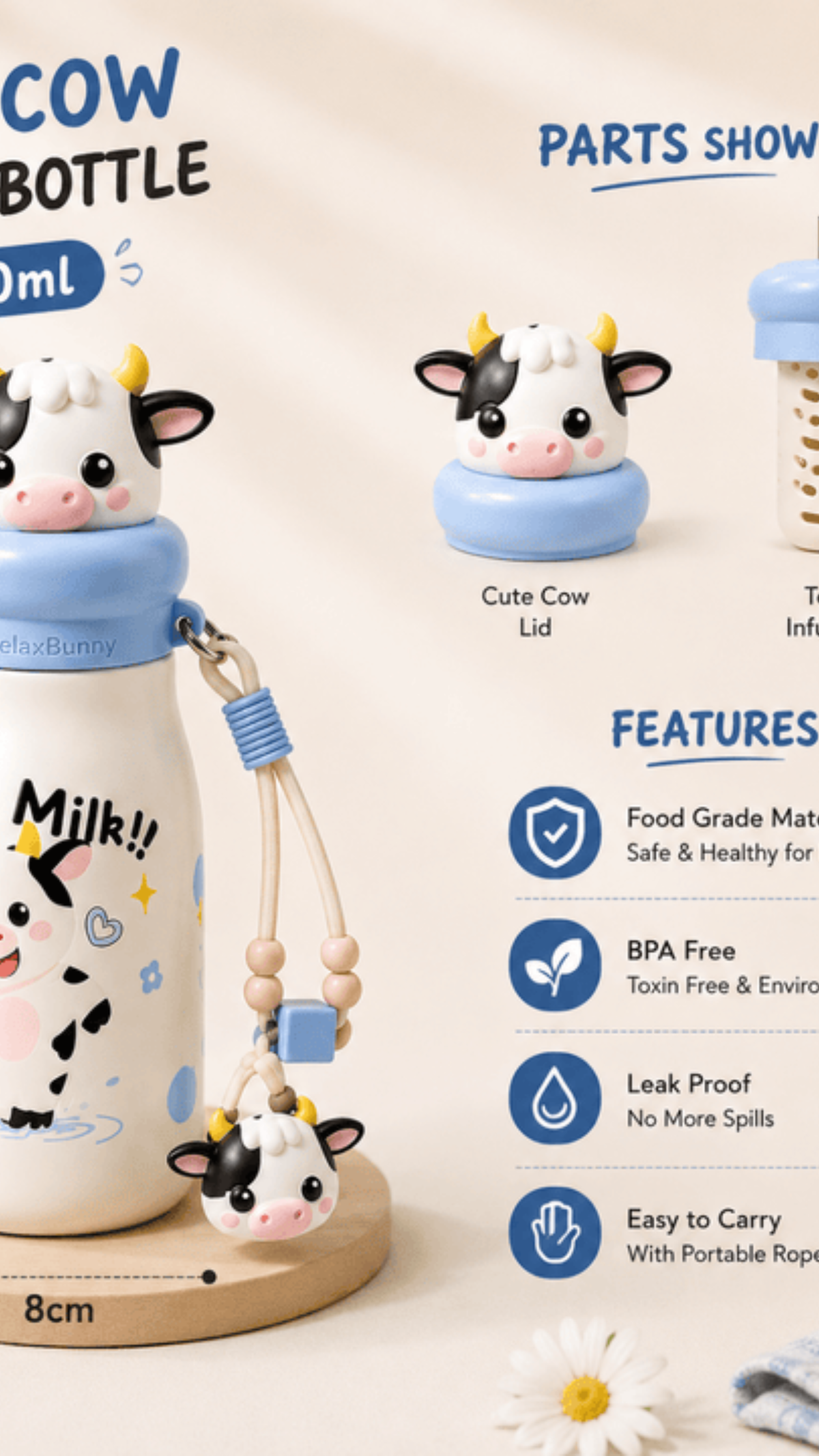 500ml Animal Series Insulated Water Bottle With Carry Strap